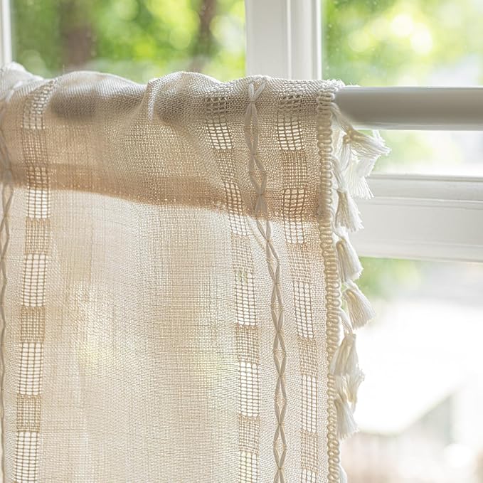 Deeprove Ivory Boho Valance Kitchen Short Curtain, Textured Striped Drape Semi Sheer Privacy Tier Embroidered Chic Window Treatment for Cafe Restaurant Closet, W52 x L18 inch Single 1 Panel