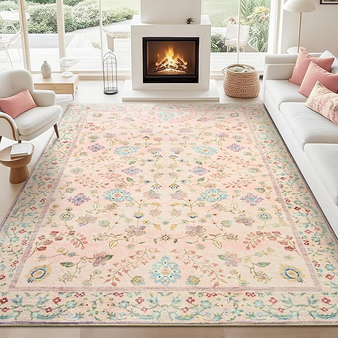 6x9 Rugs for Living Room, Pink Washable Floral Area Rug for Bedroom, Soft Non Slip Indoor Low Pile Carpet for Kitchen Dining Room, Large Boho Throw Carpets for Nursery Office Dorm Playroom Home Decor