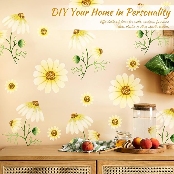 Daisy Flowers Wall Decals Peel and Stick, Vinyl Watercolor Yellow Daisy Floral Wall Stickers Removable, Retro Wall Decor for Nursery Baby Toddler Room Kids Girls Bedroom Playroom