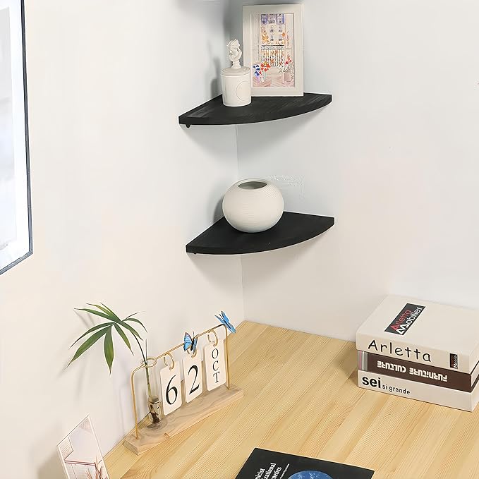 Corner Wall Shelves Set of 2, Rustic Wood Corner Floating Shelves with Cable Raceway, Wall Mount Storage Display for TV Accessories, Baby Monitor (Black, Fan-shaped-10 Inch)