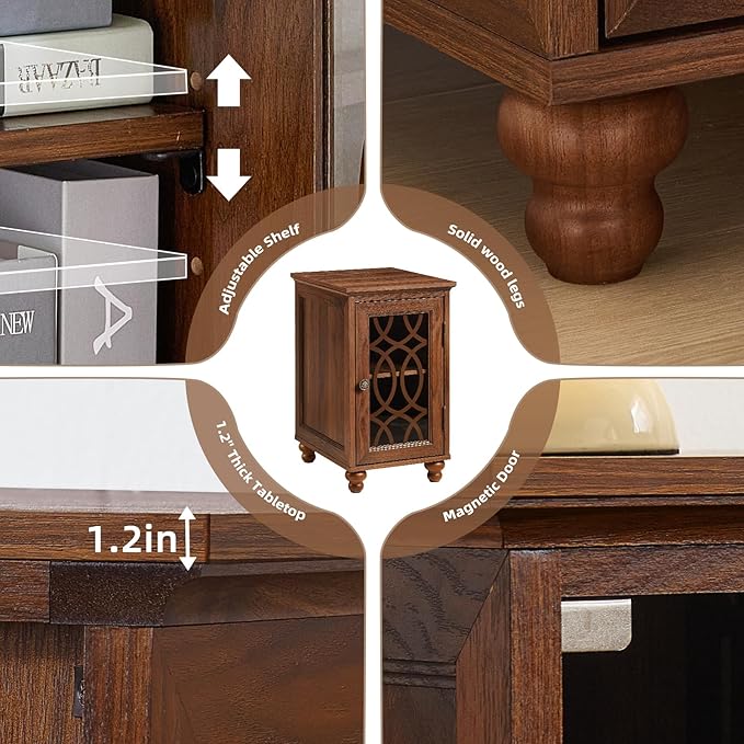 Narrow Side Table with Glass Door, 18 x 14'' Night Stand with Adjustable Shelf Storage Cabinet Organizer, Bedside End Tables Wood Nightstand for Small Spaces Living Room Bedroom
