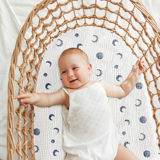 Bearmoss Bassinet Sheets - 2 Pack Muslin Cotton Bassinet Sheets Fits Oval and Rectangle Bassinet Mattress, Breathable and Skin-Friendly for Baby Boy and Girl (Blue Moon&Royal Blue)