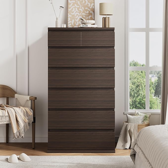 Brown Tall 7 Drawer Dresser for Bedroom, Modern Wood Closet Dressers & Chests of Drawers with Jewelry Storage, 23.6" L*15.8" W*47.5" H in Large Vertical Dresser for Bedroom, Living Room, Nursery