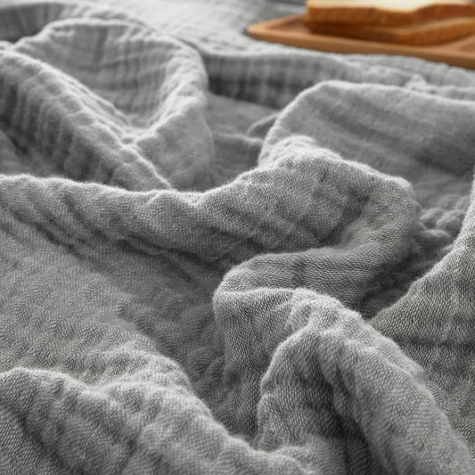 PHF 100% Cotton Muslin Blanket Queen Size 90"x90", 4-Layer Lightweight Gauze Throw, Breathable Cloud-Soft Minimalist Blanket for Bed, Couch, Camping & Baby, Grey, Ideal Gift