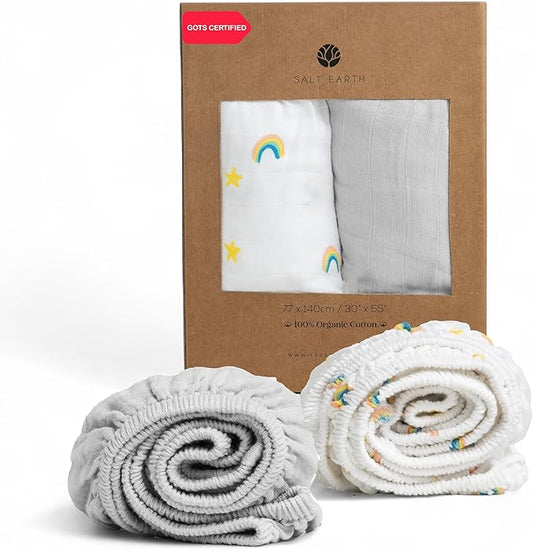 Salt Earth 100% Organic Cotton Muslin Standard Fitted Crib Sheet, 52"x28", 2 Pack Soft Breathable Natural Cotton Sheets Baby Mattress Bed Sheets, No Slip Neutral Baby Crib Sheet (Silver & Rainbow)