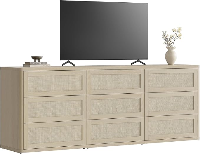 SICOTAS Dresser for Bedroom - 9 Drawer Dresser for Nursery 78.5" Wide Rattan Dressers & Chests of Drawers Boho Drawers for Bedroom Living Room Clothes Long Closet Storage for Closet Hallway Entryway