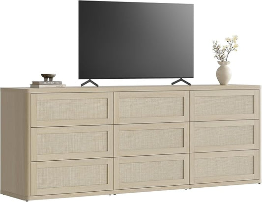 SICOTAS Dresser for Bedroom - 9 Drawer Dresser for Nursery 78.5" Wide Rattan Dressers & Chests of Drawers Boho Drawers for Bedroom Living Room Clothes Long Closet Storage for Closet Hallway Entryway