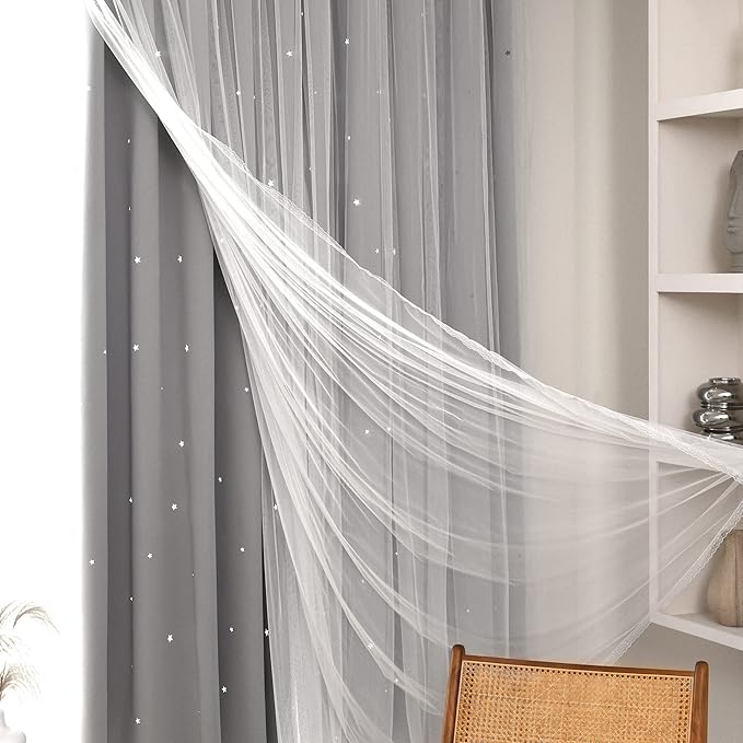 Kinryb Blackout Curtains for Girl Bedroom/Living Room/Classroom, Sheer Overlay Small 2 Panel Set, Double Layer Curtains with Star Cutout for Kids Room(W 52 x L 45 Inches,Silver Grey 2 Pcs)