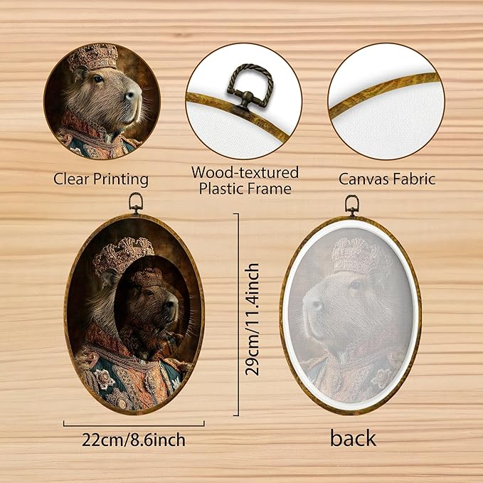Hiuwevt Vintage Renaissance Style Capybara Oval Wall Art Decor, Capybara Gifts Framed Canvas Prints, Animal Oval Wall Hanging Decor for Home Bedroom Living Room Decorations, 8.6x11.4 Inches