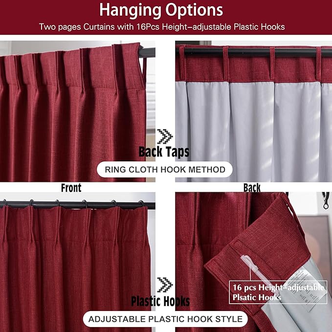 IVAPUPU Linen Pinch Pleated Blackout Curtains for Bedroom - Full Black Out Red Curtains 95 Inch Long 2 Panel for Living Room Darkening Thermal Window Curtain Drapes for Christmas Decor