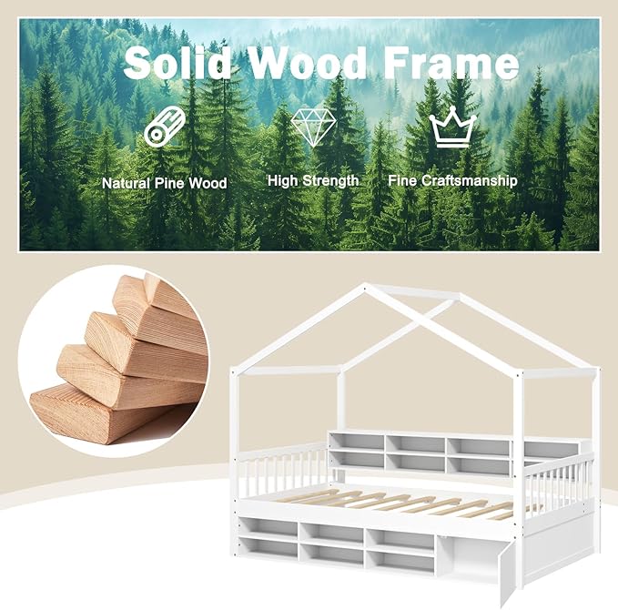KOMFOTT Twin Size Wood House Bed with Storage Shelves, Wooden Platform Bed Frame with Storage Cabinet, Headboard & Footboard, House Bed with Wood Slats Support, No Box Spring Needed (White)