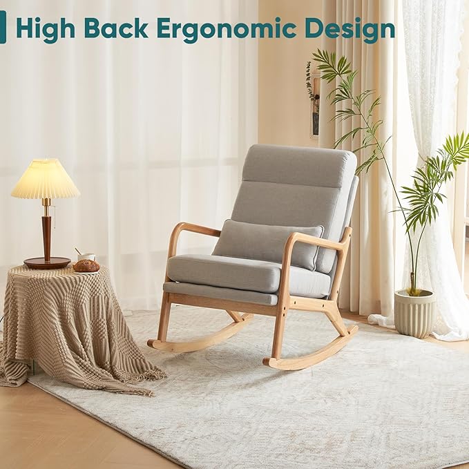 JOYBASE Rocking Chair, Nursery Glider Rocker Chair, Nursing Rocking Accent Chair, Modern Comfy Lounge Armchair with High Backrest for Indoor, Living Room, Bedroom, Nursery (Light Grey, Linen)
