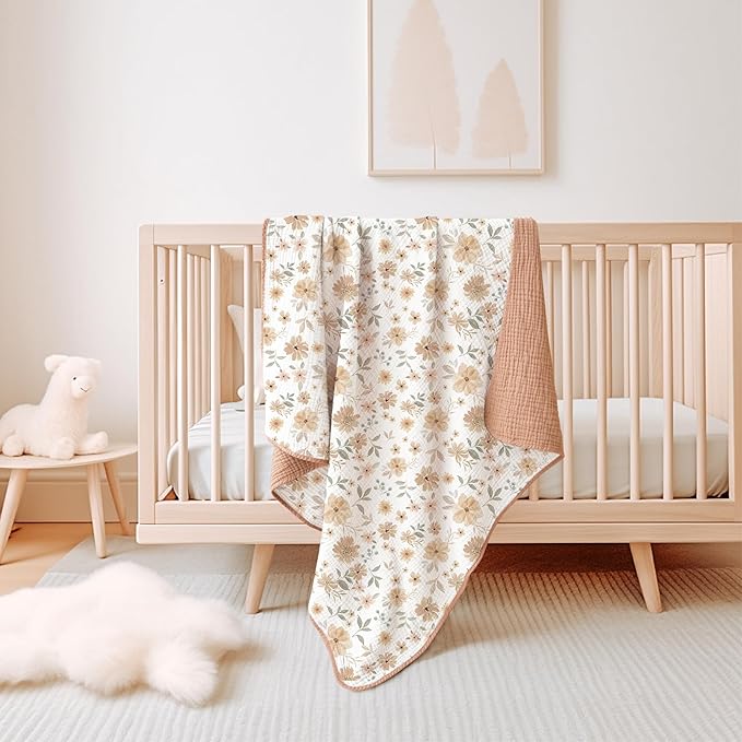 Konssy Muslin Baby Blankets for Girls Boys, 100% Cotton Crib Blanket for Infant Toddler, Super Soft and Lightweight Nursery Swaddling Wrap 40"x36" (Flourish)