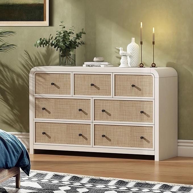 Oak&Sparrow 7 Drawer Dresser for Bedroom, 49'' Rattan Dresser with Ample Storage, Boho Chest of Drawers, Thickened Curved Profile Design, Oak Dressers for Bedroom, Living Room