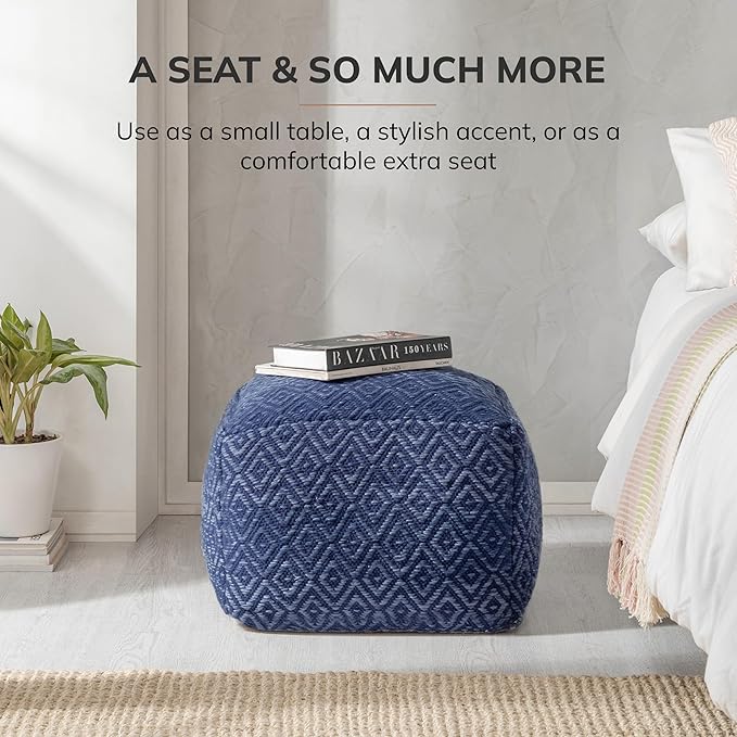 Anji Mountain 100% Handmade & Handcrafted Comfortable Home Décor Pouf Ottoman Footrest for Living Room, Bedroom, Nursery, Kidsroom, Patio Furniture - (22" x 22" x 16" - Blue)