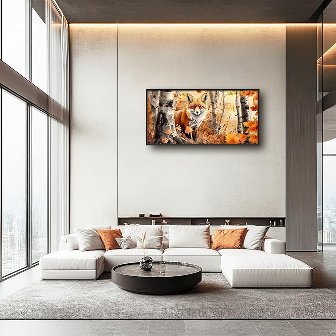 Large Fall Fox Wall Art for Living Room, Framed Oversized Autumn Forest Wall Decor Tree Maple Leaves Canvas Painting Modern Artwork for Living Room Bathroom Bedroom Office Dining Room 60"x30"