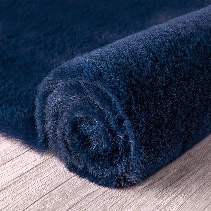 Ashler Faux Fur Rug, Ultra Soft Faux Rabbit Fur, Dark Blue Area Rugs, 2 x 6 Feet, Machine Washable Nursery Decor Throw Rugs for Bedroom, Kids Room, Living Room