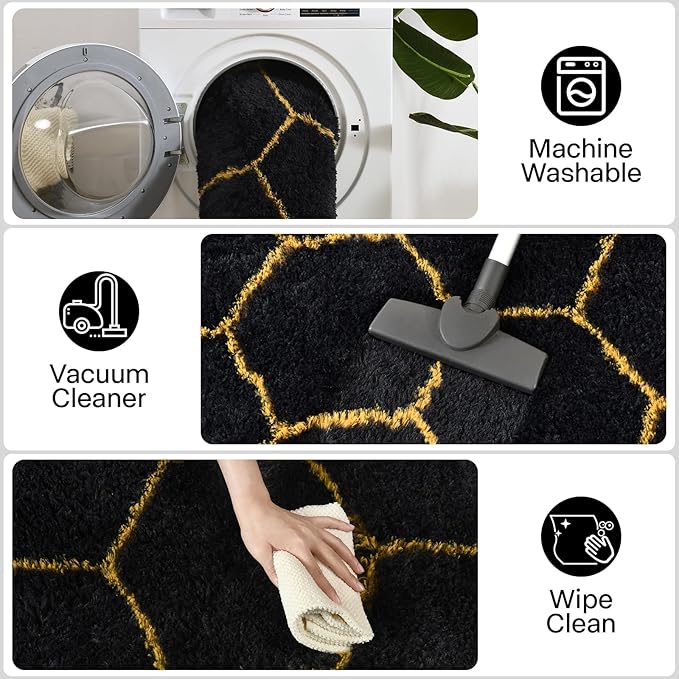 Meralax Hexagon Gold/Black Rugs for Living Room Bedroom, 5x8 Soft Area Rug Fluffy Shaggy Bedside Rug, Machine Washable Indoor Floor Carpet for Kids Boys, Dorms, Nursery Rooms, Home Decor Aesthetic