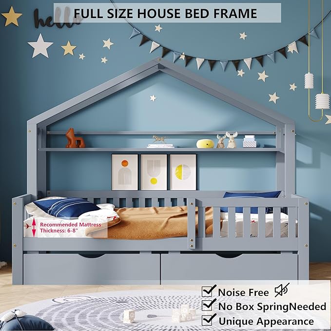 Aoowow Full Size House Bed with Storage Drawers and Shelf, Kids Twin Bed Frame Wooden Platform Bed with Guardrails and Slats for Boys Girls Teens for Bedroom(Grey)
