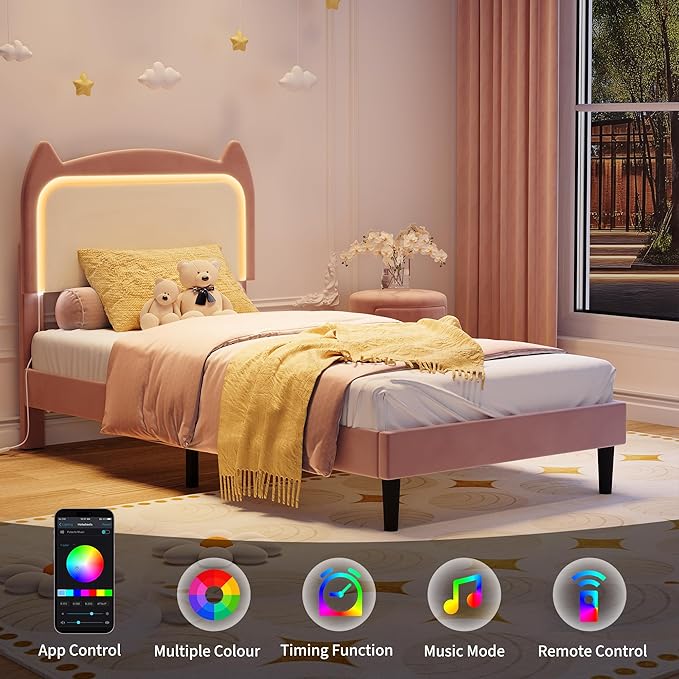 Twin Princess Bed Frame for Girls with LED Lights & Heavy-Duty Bed Leg Supports - Pink Velvet Upholstered Cat Headboard Platform Bed - Enhanced Stability, No Box Spring Needed, App/Remote Control