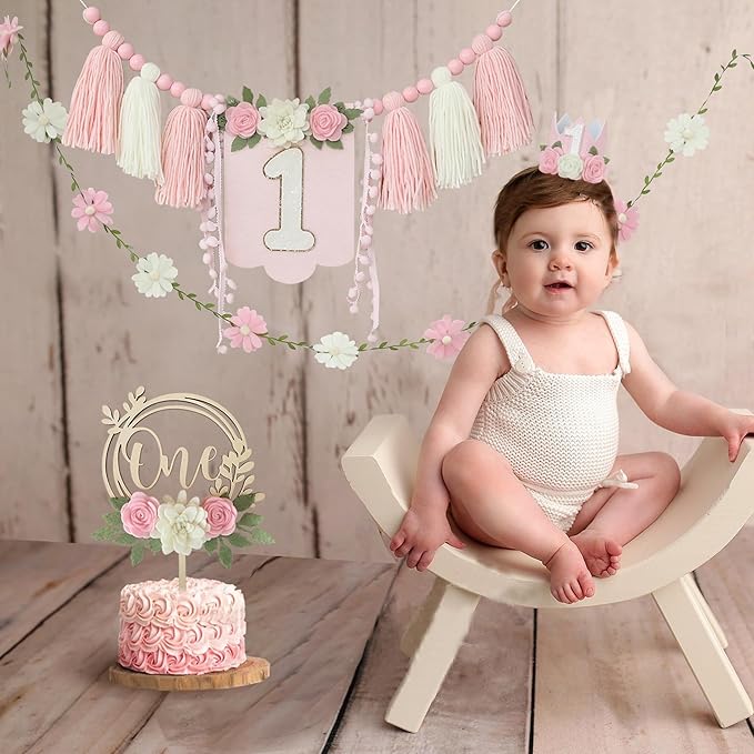 Wildflower First High Chair Banner Birthday Decorations For Girl One Flower Cake Topper Floral Hat 1st Birthday Decoration Supplies