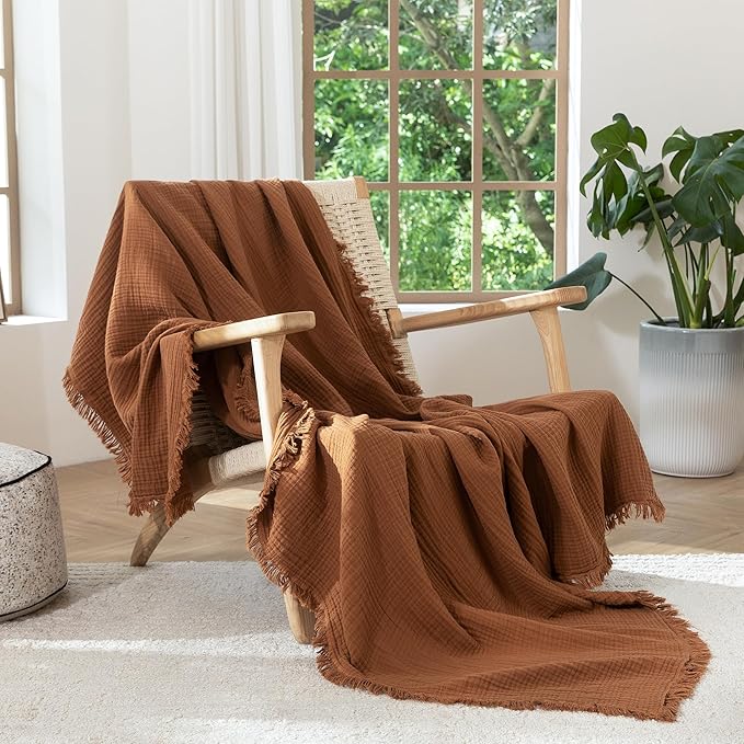 MooMee Muslin Blanket - 100% Cotton 4-Layer Gauze Throw Blanket with All-Around Fringe, Ultra-Soft Breathable Lightweight Cooling Decorative for Bed, Sofa & Couch (Drak Orange,Super King 108" x 98")