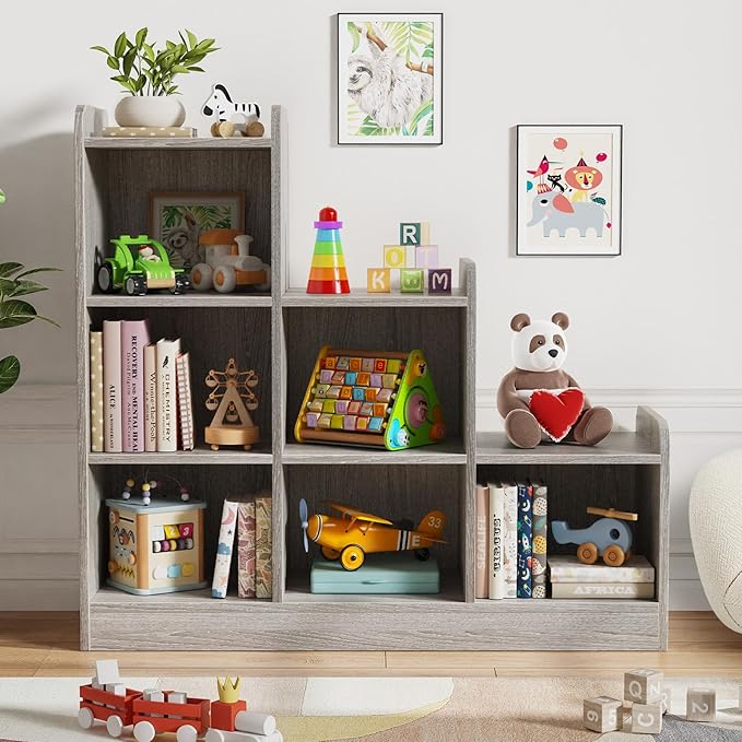 Montessori Shelf 6-Section Wooden Storage Cabinet, Kids Toy Storage Organizer Book Shelf for Kids Rooms, Classroom, Playroom, Nursery, Preschool Book Shelves