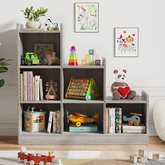Montessori Shelf 6-Section Wooden Storage Cabinet, Kids Toy Storage Organizer Book Shelf for Kids Rooms, Classroom, Playroom, Nursery, Preschool Book Shelves