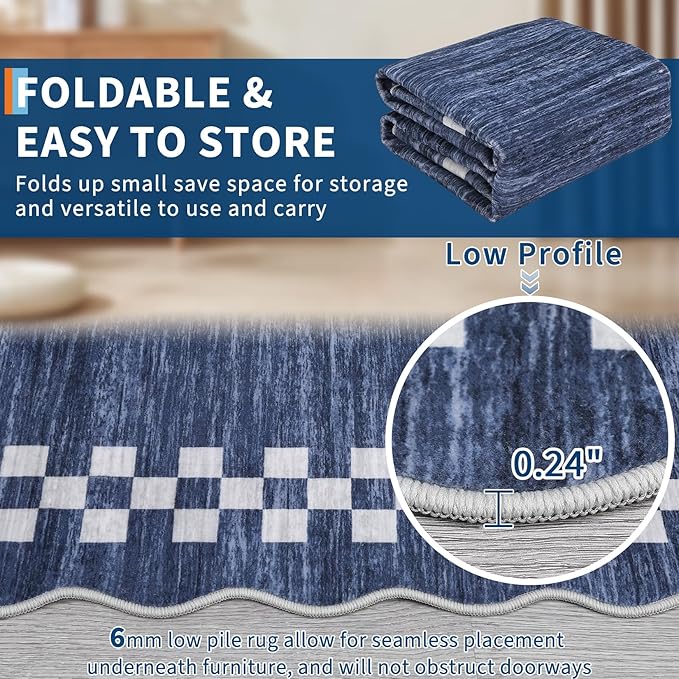 GarveeHome 10x13 Area Rug Large Living Room Scalloped Rug Non Slip Low Pile Bedroom Throw Carpet Soft Modern Bordered Dining Room Rug Stain Resistant Boho Carpet for Home Office, Blue