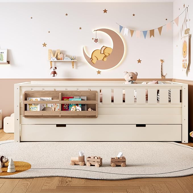 Bellemave Twin Bed with Trundle Twin and Stairs, Twin Size Platform Bed Frame with Fence and Bookshelf, Easy Assemble Beds for Kids, Girls, Boys, Beige