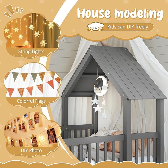 Harper & Bright Designs Twin Size House Shaped Double Floor Bed with Door and Full-Length Guardrails, Solid Wood Kids Montessori Floor Bed for Girls Boys, Multi-Function, Grey