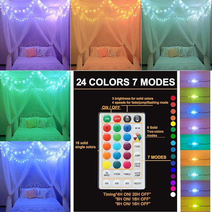 White Bed Canopy with Star Lights Girls Bedroom, 8 Corners Post Hanging Princess Canopy Bed Curtains 100 LED 24 Colors Changing String Lights Remote Timer for Kids Tent Twin Full Queen King Bed