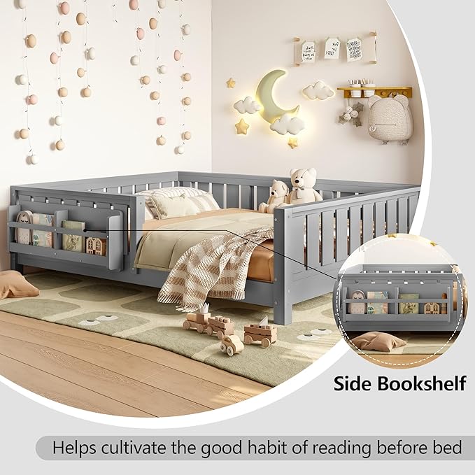 Bellemave Full Size Floor Bed with Slats and Safety Guardrail, Full Size Montessori Floor Bed with Fence and Built-in Bookshelf, Easy Assemble Montessori Beds for Kids, Girls, Boys, Gray