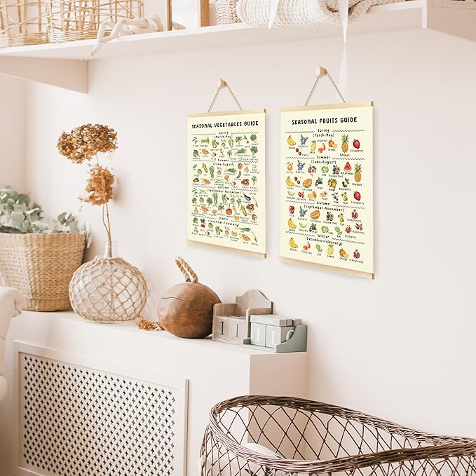 CGBHW Seasonal Fruits and Vegetables Poster Hanger Frame, Seasonal Produce Posters Wall Art Hanging Decor for Kitchen Farmers Market Classroom Nursery Preschool, Food Lover Gift, 12x16Inch Set of 2