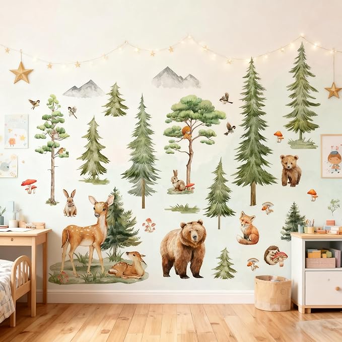 Forest Tree Wall Stickers for Kids Bedroom, Large Pine Tree Wall Art with Deer, Bear, Rabbit, Fox, Squirrel & Hedgehog, Wall Decals Peel and Stick Decal for Nursery Kids Room Décor