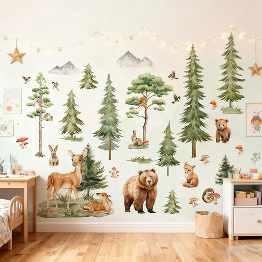 Forest Tree Wall Stickers for Kids Bedroom, Large Pine Tree Wall Art with Deer, Bear, Rabbit, Fox, Squirrel & Hedgehog, Wall Decals Peel and Stick Decal for Nursery Kids Room Décor
