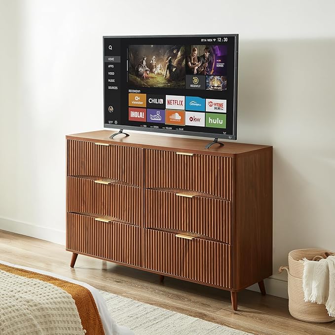Evermagin 55" Wide Fluted 6 Drawer Dresser, Mid Century Modern Curved Dresser, Light Wood Chest of Drawers for Bedroom, Living Room and Entryway, Walnut