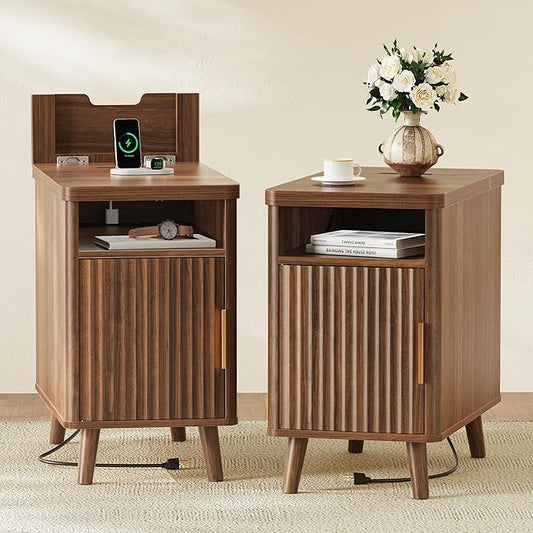 Huuger Narrow Nightstand with Charging Station, USB-C Port, Set of 2 Night Stand, Fluted End Table with Storage Cabinet, Back Rack, Side Table for Small Spaces, 13.4×23.6 Inch, Walnut