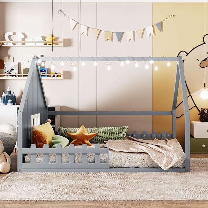Merax Full-Size Wood House Bed with Window and Fence, Full Bed Frame for Teens, Boys, and Girls, Grey