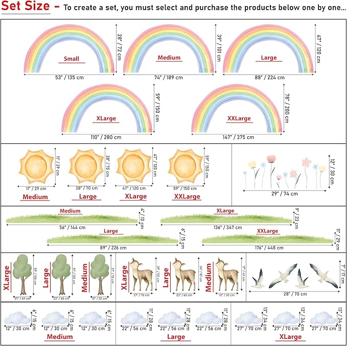 Pastel Boho Rainbow & Woodland Wall Decal Set for Nursery – Watercolor Fawn, Sun, Clouds, Tree, Grass, Birds – Large/XL/XXL