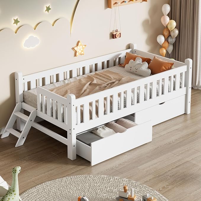 LUMISOL Twin Size Kids Bed Frame with Storage Drawers, Wood Twin Size Floor Bed with Safety Guardrail and Ladder for Girls Boys Teens, White