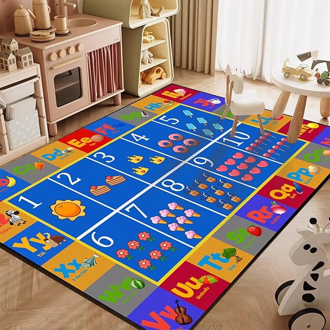 Cartoon Children's Educational Carpet for Classroom, 4x6ft, Learning Numbers Letters Living Room Rug, Foldable Durable Washable Area Rug, Soft Cozy Low Pile Mats for Bedside Dorm