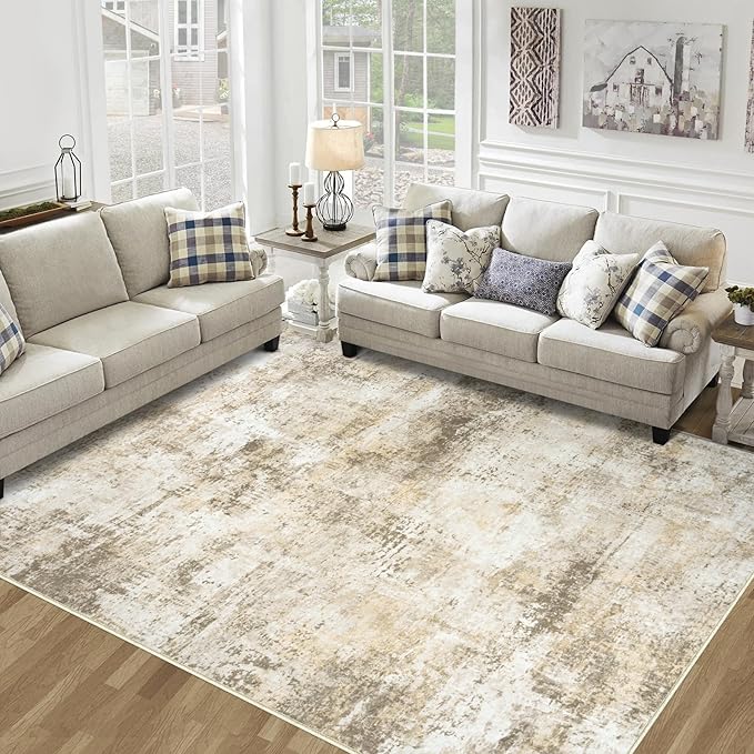 9x12 Area Rugs Living Room Rugs: Large Washable Rug with Anti-Slip Backing Non-Shedding Stain-Resistant Soft Abstract Carpet for Bedroom Dining Room Nursery Hallway Indoor Home Office Beige Grey