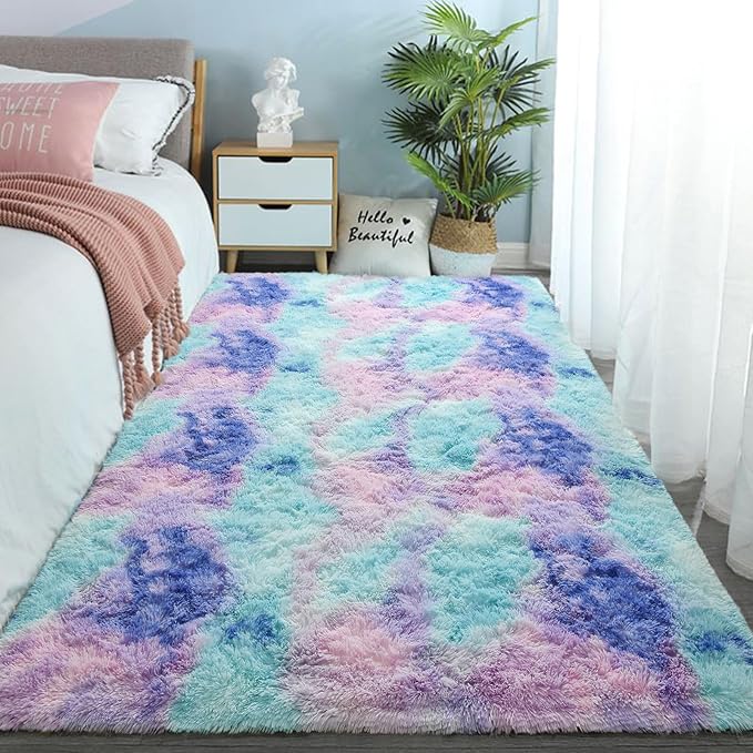 DweIke Fluffy Rainbow Rugs for Bedroom Living Room, 5x8 Feet Soft Plush Shaggy Multicolor Blue Purple Girls Boys Kids Rug, Non-Slip and Machine Washable Carpet for Dorm Nursery Classroom Decor