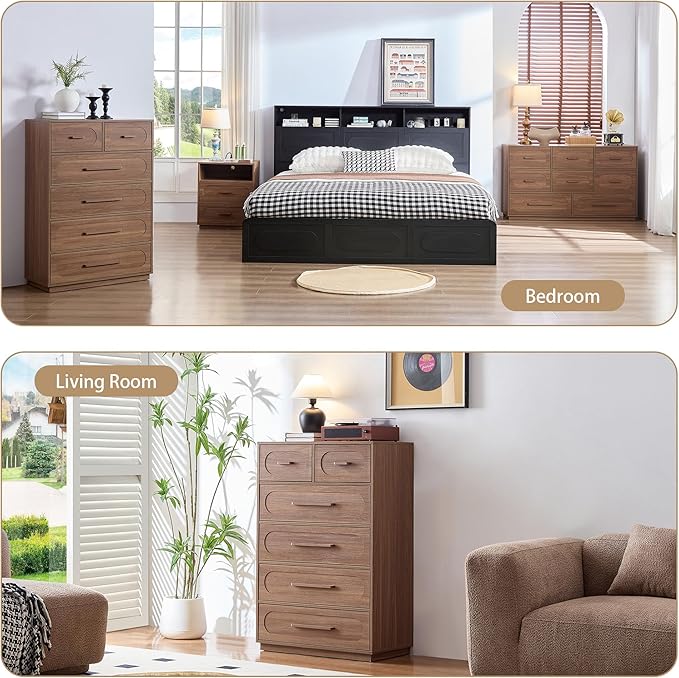 Walnut 6 Drawer Dresser for Bedroom, 44" Tall Dressers & Chest of Drawers with Solid Wood Handle, Wood Storage Dressers Organizer for Bedroom, Living Room