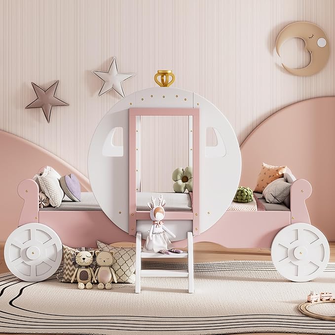 Twin Size Princess Carriage Bed Frame for Boys Girls Kids Toddler with Crown, Wood Platform Car Bed with Stair, White+Pink