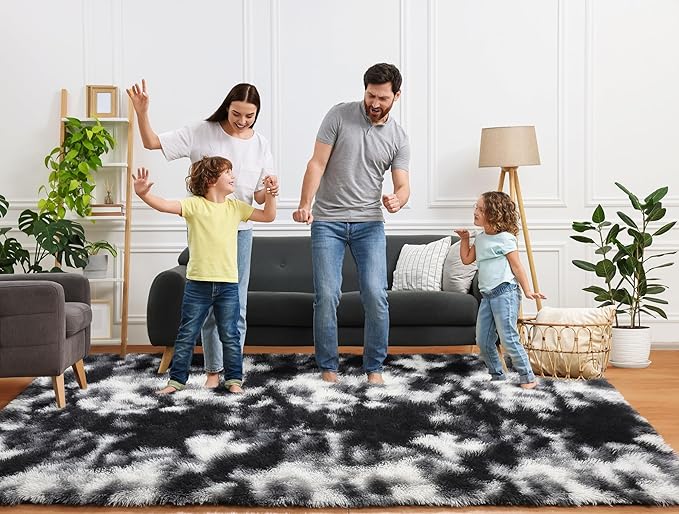 ONASAR Black and White Rugs for Bedroom Living Room, Washable Fluffy 4x6 Indoor Bedside Floor Throw Area Rug, Soft Plush Shaggy Carpet for Nursery Kids Girls Boys Teen Dorm Home Decor Aesthetic