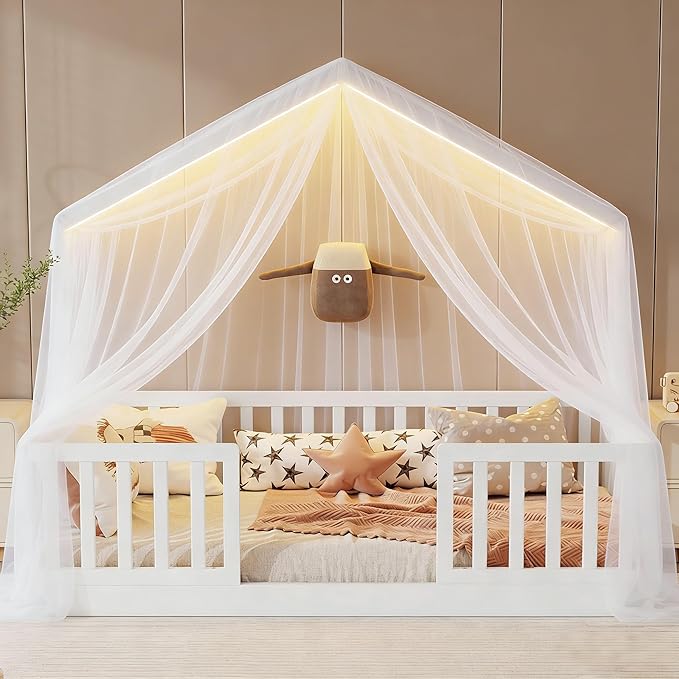 Twin Size House Bed for Kids, Low Profile Montessori Bed Twin with High Railings, Wood House Shape Montessori Beds with Light & Roof for Kids, White