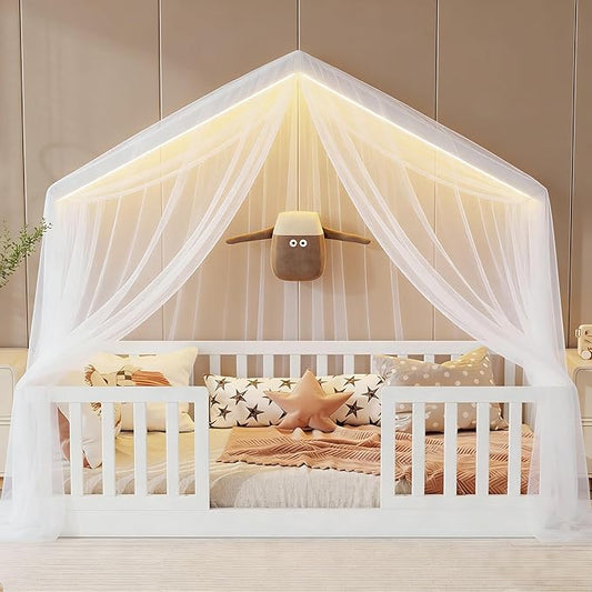 Twin Size House Bed for Kids, Low Profile Montessori Bed Twin with High Railings, Wood House Shape Montessori Beds with Light & Roof for Kids, White