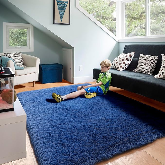 ONASAR Navy Blue 6x9 Area Rugs for Living Room Bedroom, Washable Large Fluffy Bedside Throw Rug, Soft Plush Shaggy Fuzzy Floor Carpet for Nursery Kids Girls Boys Teen Dorm Home Office Decor Aesthetic
